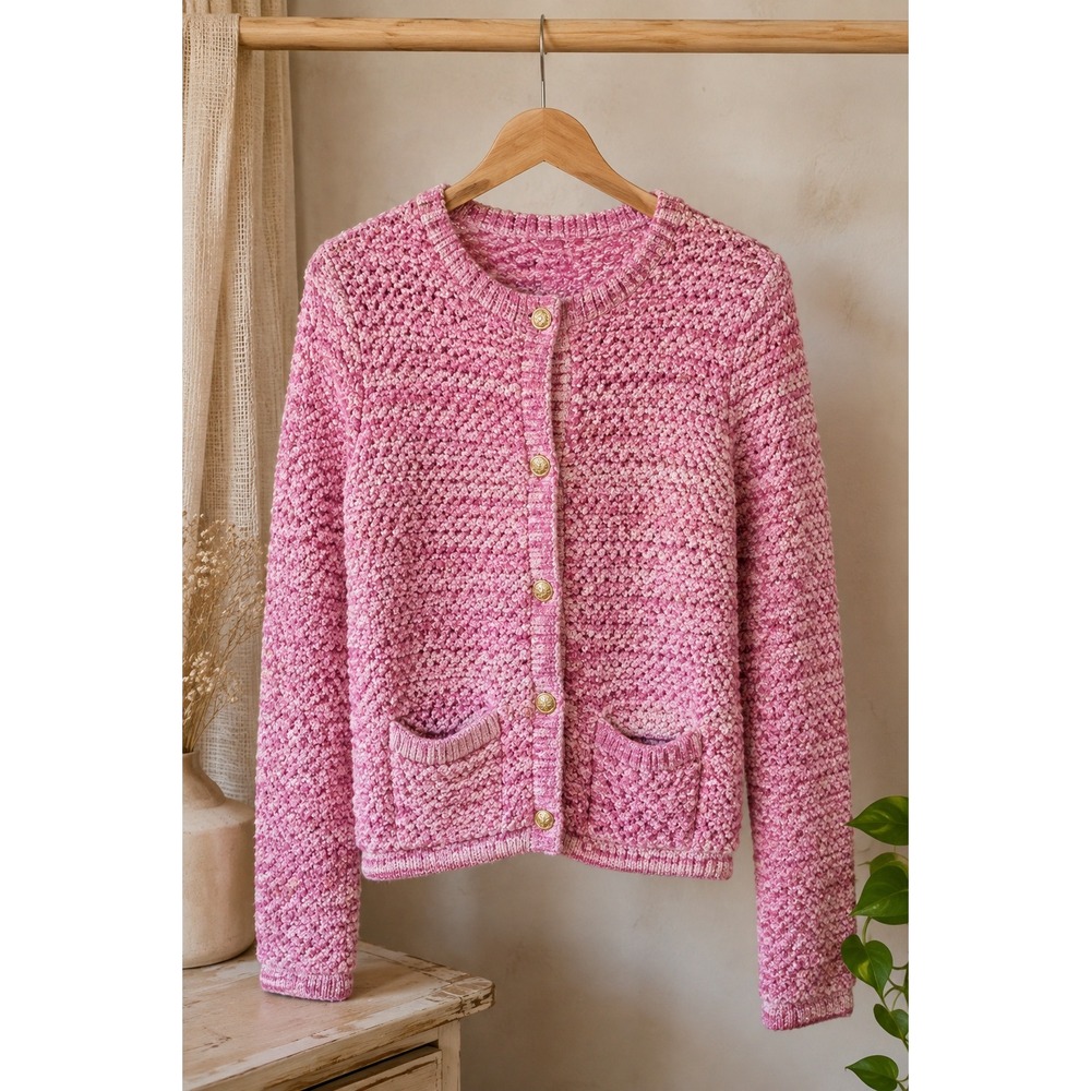 House of Harlow 1960 Pink Textured Cotton Knit Gold Button Cardigan Jacket S